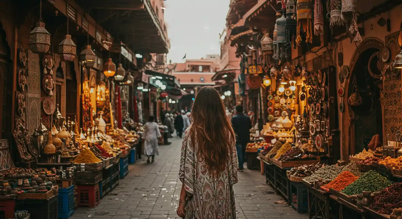 A colorful, bustling souk in Marrakech Desert trips